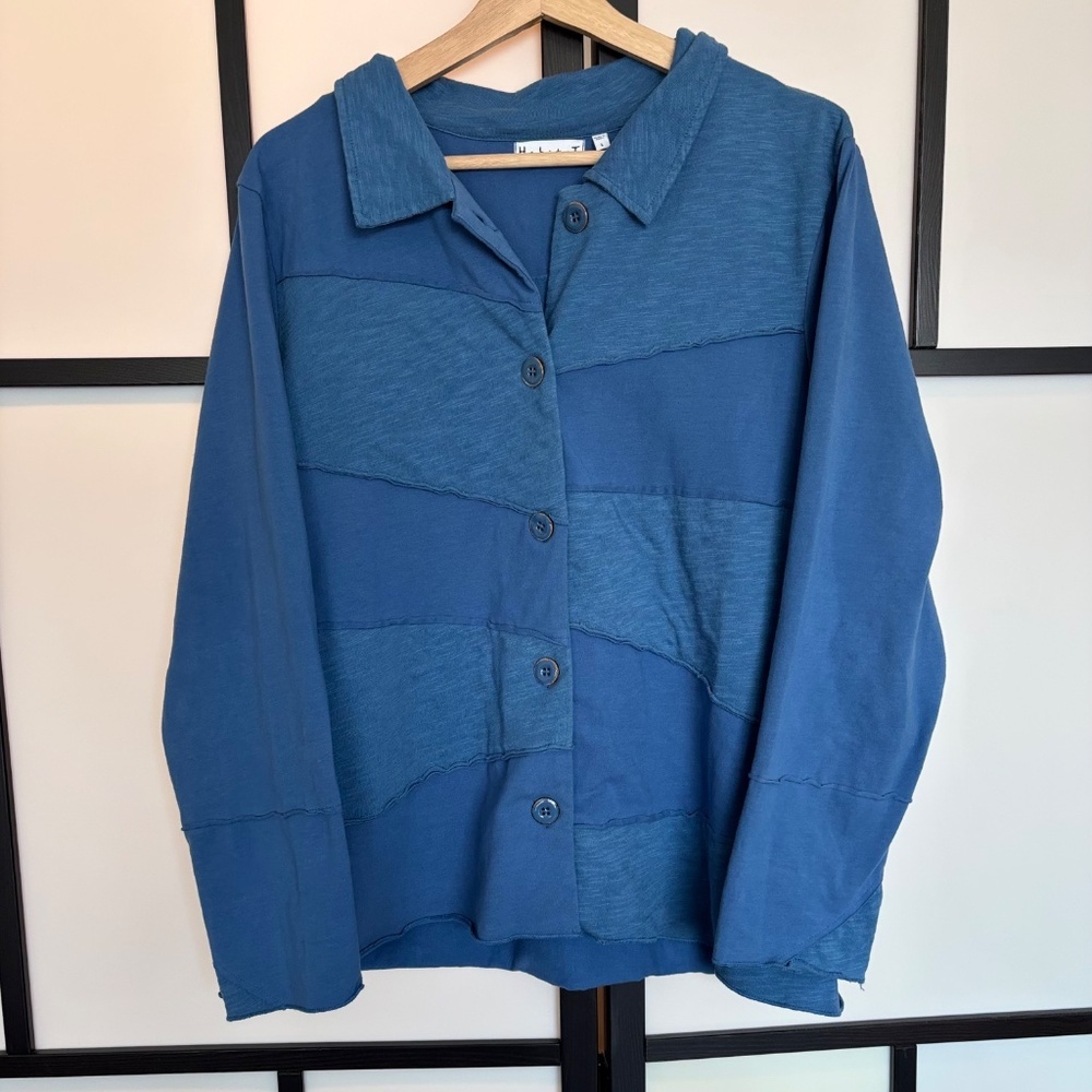 Habitat Button Up Shirt Jacket Blue Patchwork Size LARGE Lagenlook Artsy Boho
